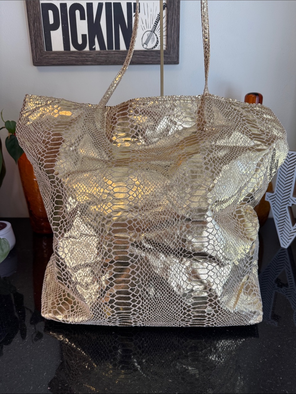 Carlos Falchi Metallic Gold Python-Embossed Tote w/Pouch - Picture 4 of 14